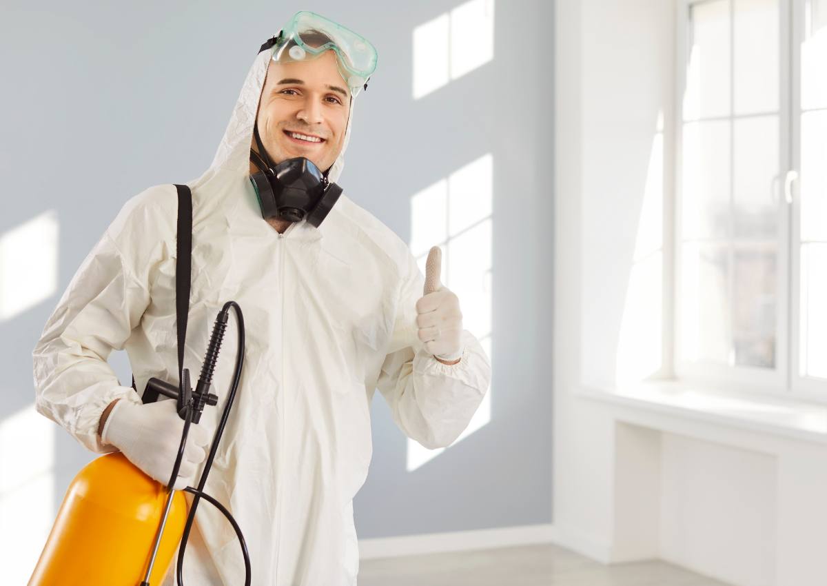 Kammerjäger im Schutzanzug bei der Leistung Mäusebekämpfung